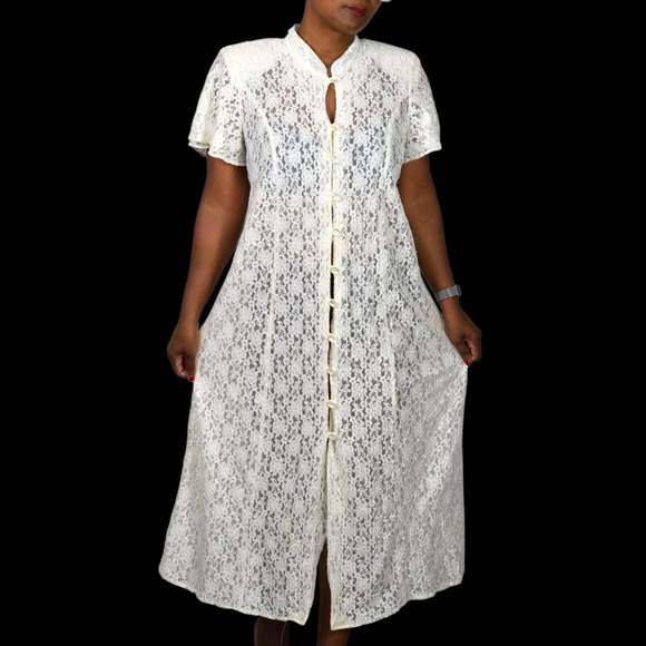 Vintage Lace Midi Dress White Ivory Button Front 80s Sheer Corset Lacing Medium - Picture 1 of 16